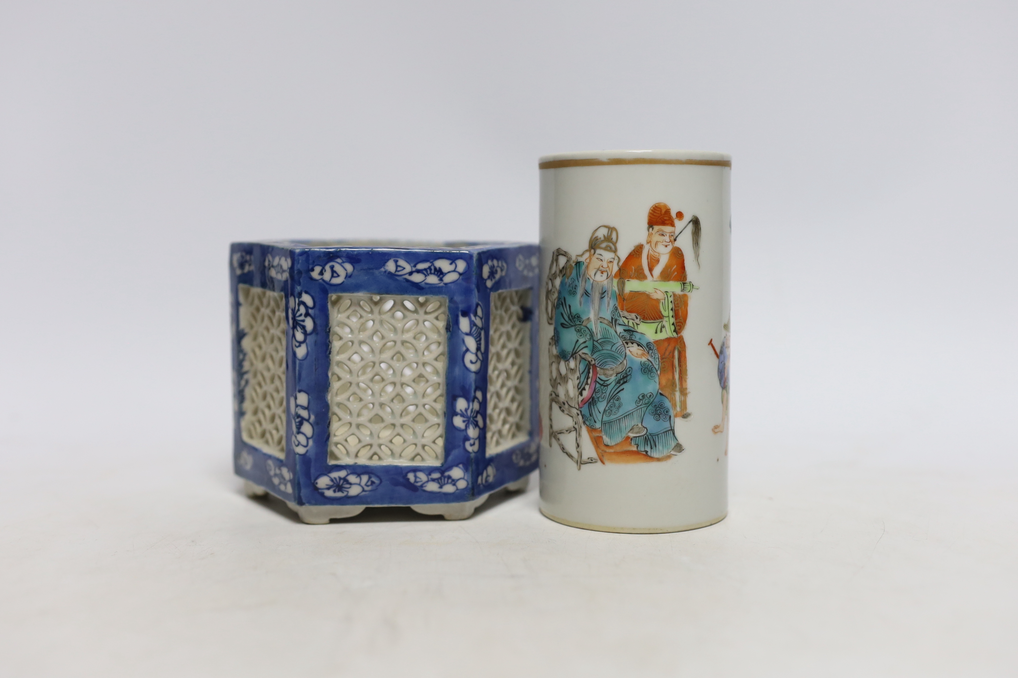 A Chinese hexagonal vase and a spill vase, 12cm high